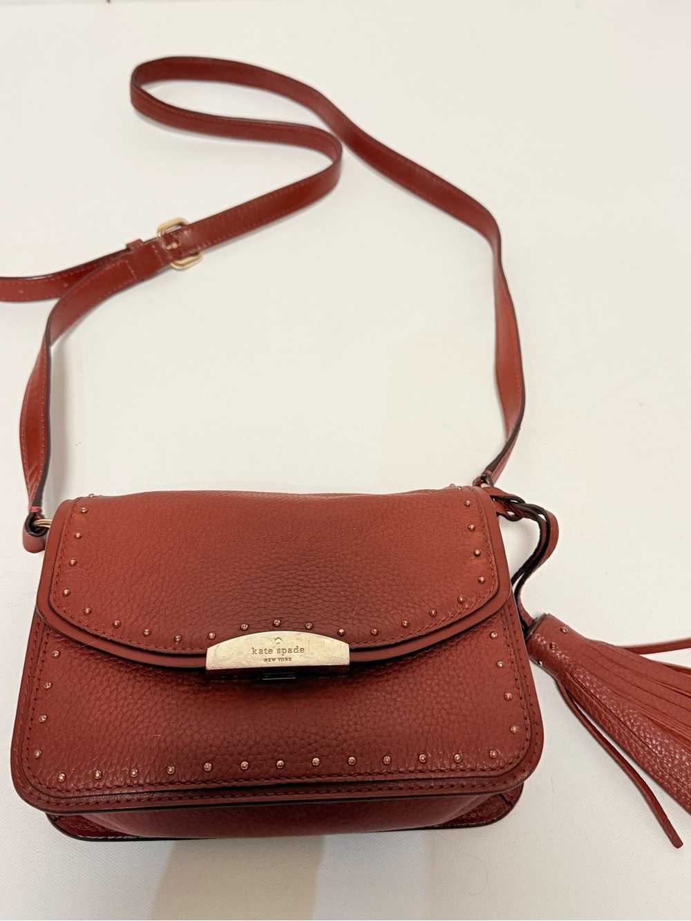 Kate Spade Pebbled Leather Studded Tassel Crossbody Bag - Cognac Brown